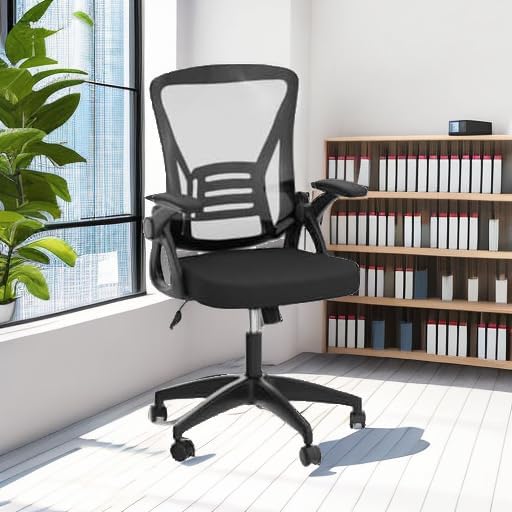naspaluro Home Office Desk Chair Mid Back with Adjustable Height Dark Black | Comfy Ergonomic Chair with Flip-Up Arm and Lumbar Support, Breathable Mesh Swivel Computer Chair for Study Working Teacher