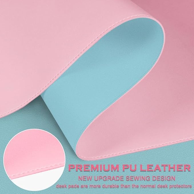 Dual-Sided Desk Mat, Large Pad, Waterproof Smooth PU Leather Blotter Protector, Mouse Pad, Desk Organizers, Office/Home Table Decor for Reading and Writing (Light Pink+Blue, 47.2''23.6'')