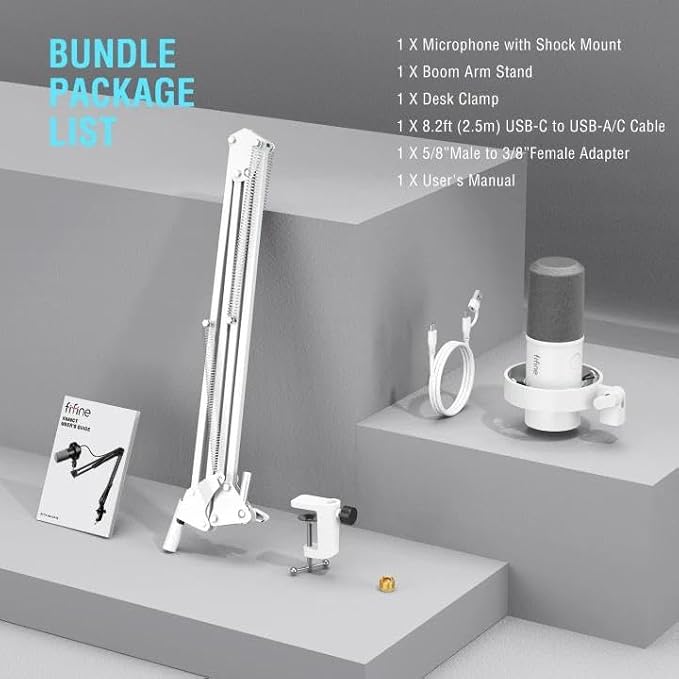 FIFINE Dynamic Microphone with Boom Arm, Studio Vocal XLR Microphone, Podcast USB Mic Kit for PC with Mute Button, Volume Knob, Headphone Jack, for Streaming Recording-AmpliTank K688CT White