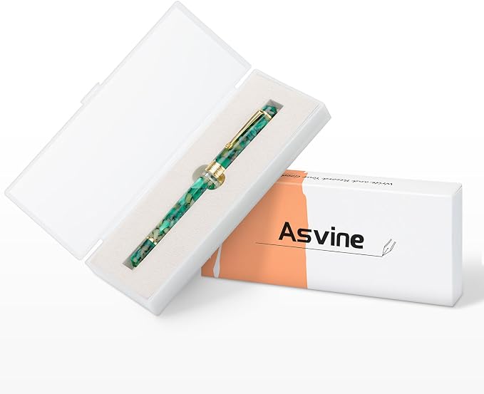 Asvine P20 Piston Fountain Pen Extra Fine Point, Green Marble Acrylic Gold Trim Smooth Writer Collection with Case Set