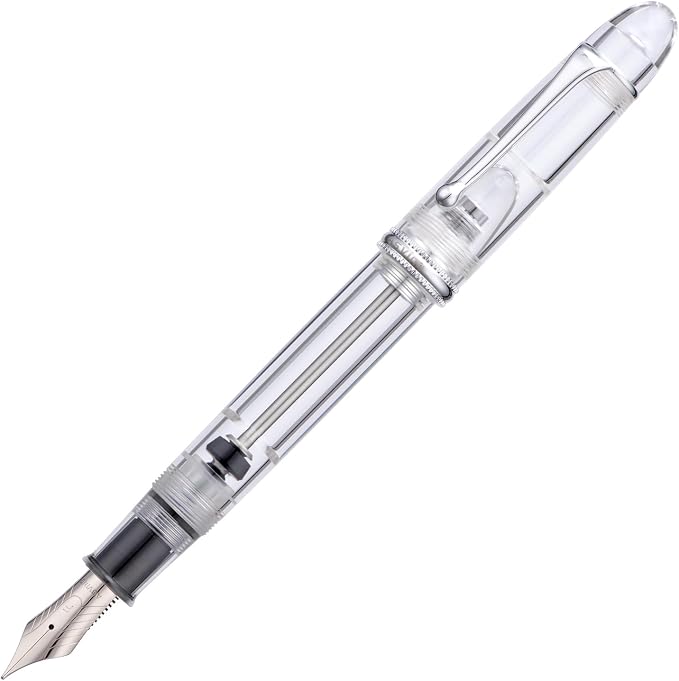 Asvine V800 Fountain Pen - Vacuum Filling System with Large Ink Capacity - Smooth Number 8 Fine Nib with Gift Case and Wrench - Clear Silver Acrylic
