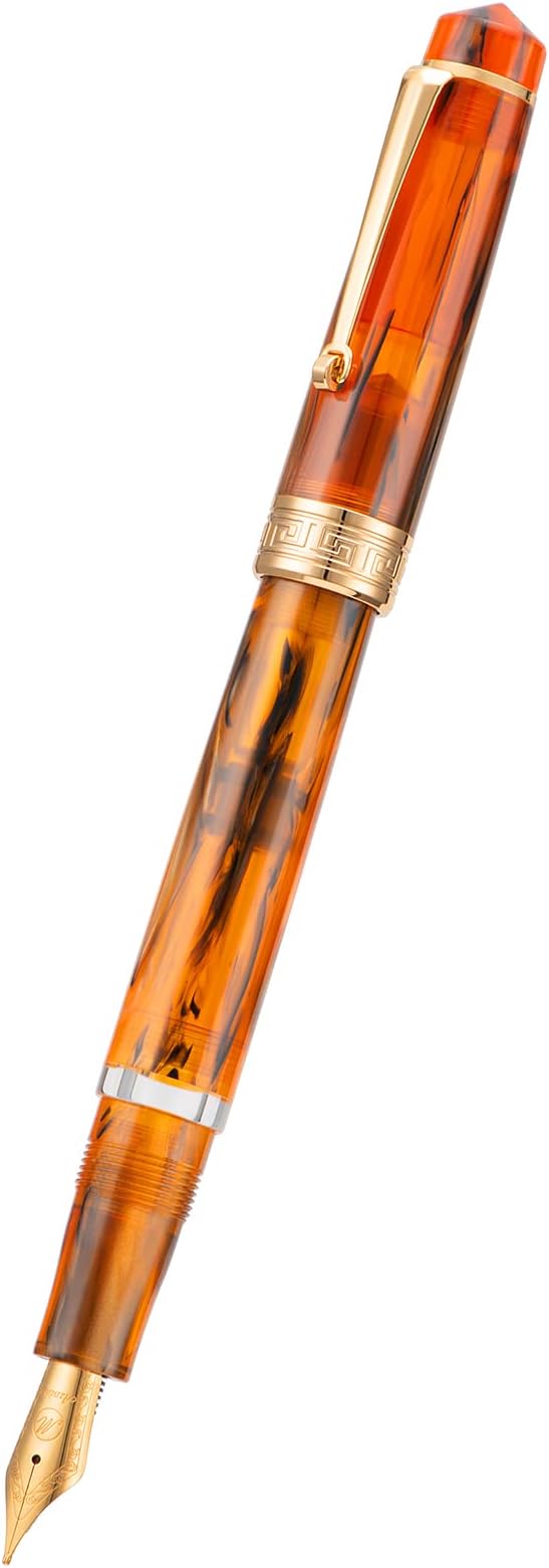 Asvine P20 Amber Fountain Pen Piston Filling, Gold Plated Fine Point Smooth Writer with Pen Gift Case