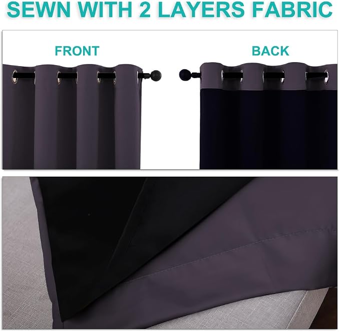 NICETOWN 100% Blackout Curtains with Black Liners, Greyish Purple, 2 Panels, 52" W by 63" L, Thermal Insulated Full Blackout 2-Layer Lined Drapes, Energy Efficiency Window Draperies for Bedroom