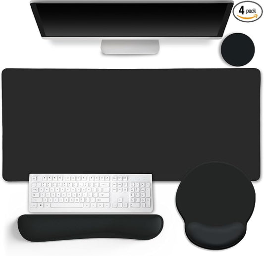 LIMKRIAN Black Mouse Pad Set Large Desk Matt for Desktop, Ergonomic Mouse Pad with Wrist Rest, Gaming Wrist Support Keyboard Mat Cup Coaster Set Cute Office Desk Decor Accessories(Obsidian Black)