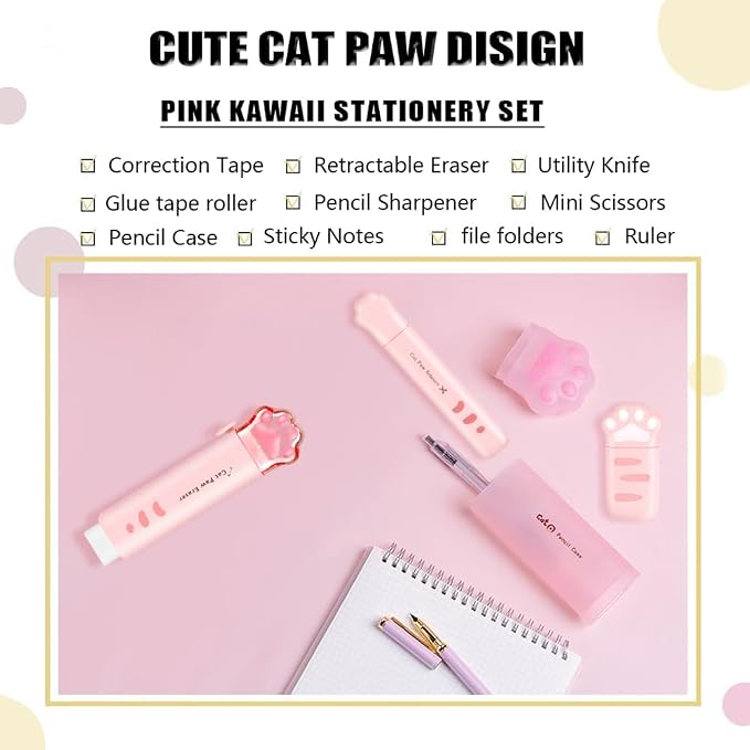 Cute Pink School Supplies, Kawaii Stationary Set, Japanese Stationery Birthday GIFS, Includes Pencil Sharpener,Eraser, Correction Tape, Ruler, Mini Scissors,Utility Knife, for Office Supplies
