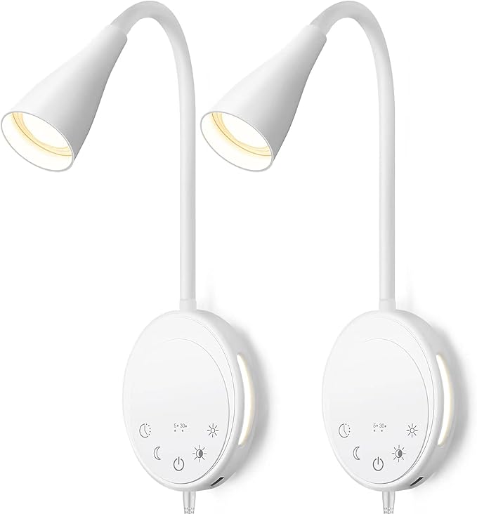 SANKEDOU LED Wall Mount Reading Light, Bedside Reading Lights with Touch Control, 5 Dimmable, USB Output, Night Light & Timers, Flexible Gooseneck Headboard Bed Lights wall Sconce (White-2P)