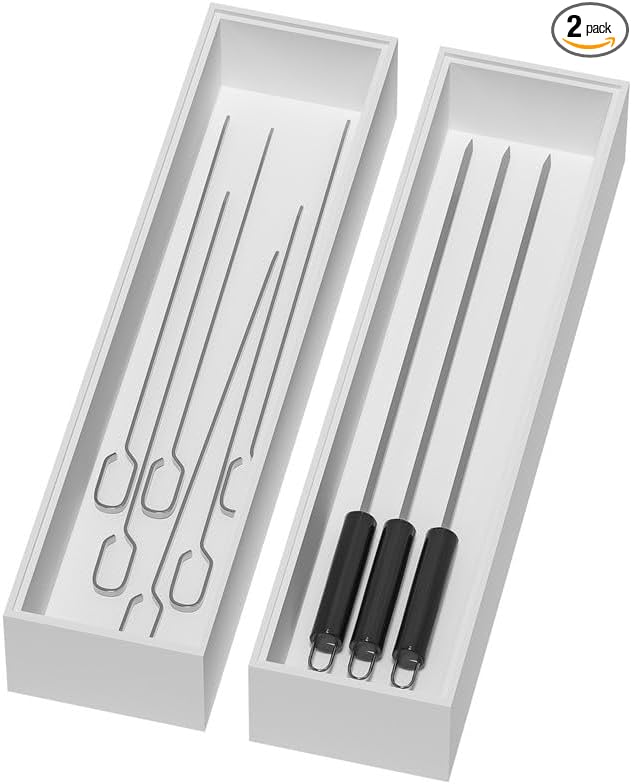 Lixple Bamboo Drawer Organizer, Narrow Silverware Organizer for Kitchen, Stackable Utensil Organizer, 2 Pcs Flatware Organizer for Drawer, Wooden Storage Box Tray (White, 12 X 3 X 2 Inch)