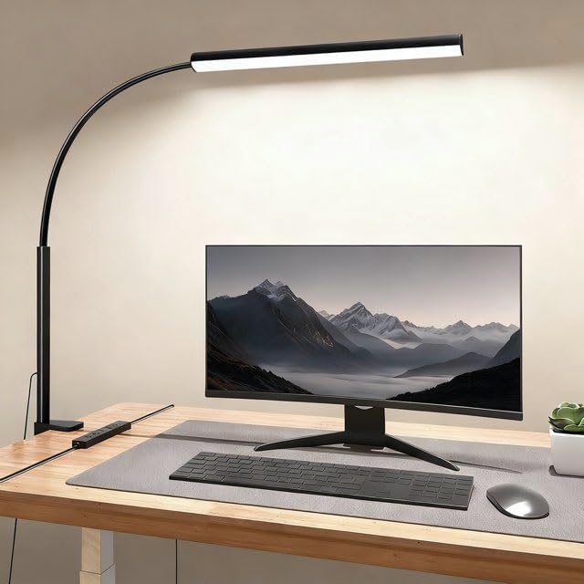 LED Desk Lamp with Clamp, 5 Color Modes & 10 Brightness Levels, Eye-Caring Desk Light, Flexible Gooseneck, Memory Function, Adapter Included for Home Office, Reading & Study
