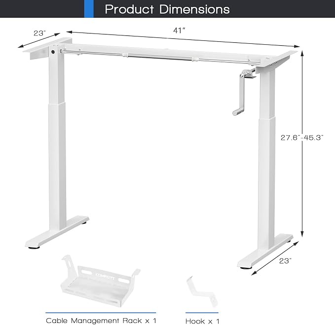 COSTWAY Crank Standing Desk Frame, Manual Hand Crank Workstation Base, Ergonomic Sit to Stand Base w/Foldable Crank Handle, Hook, Cable Management Rack (White)