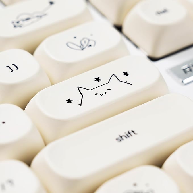 MOA Profile Cute Cat Keycaps, 124keys PBT Keycaps Set, Minimalist White Keyboard Caps, Custom Dye Sublimation Key Caps for 61/64/68/84/87/100/104/108 Cherry MX Mechanical Keyboards(124 Keys)