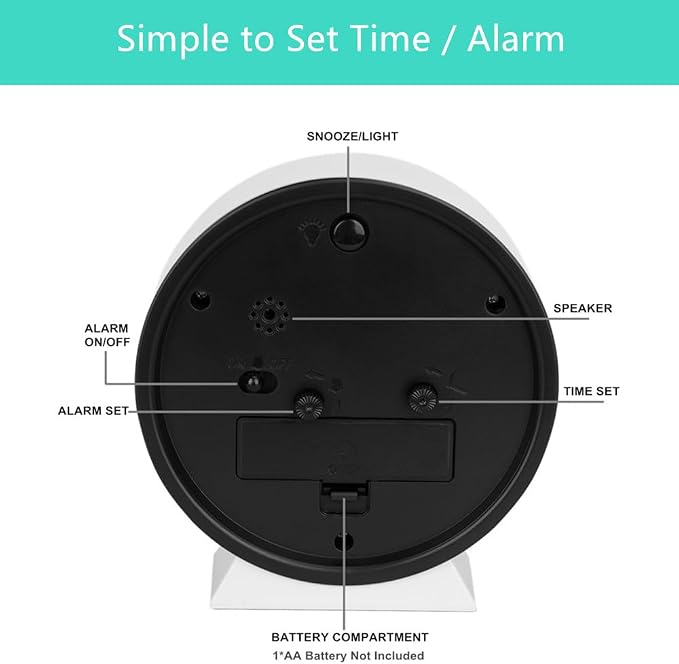 No Ticking Silent Alarm Clock,Easy to Read and Use,Ascending Sound,1 AA Battery Operated,Snooze Light,Bedside Desk Clock,White