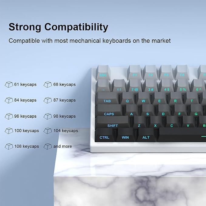 PBT Keycaps Side Print Key Cap Set, Double Shot Shine Through Custom Keycaps, Cherry Profile 133 Keys for Mechanical Keyboards Gradient Blue (Gradient Gray)