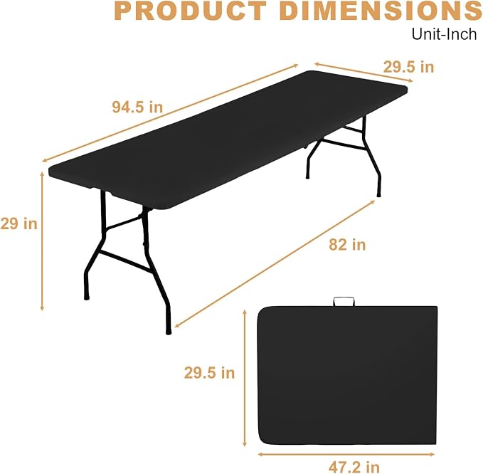 FDW 8FT Plastic Folding Table, Portable with Carrying Handle Perfect for Indoor, Outdoor, Party, Dining, Wedding, Events, Camping, Black