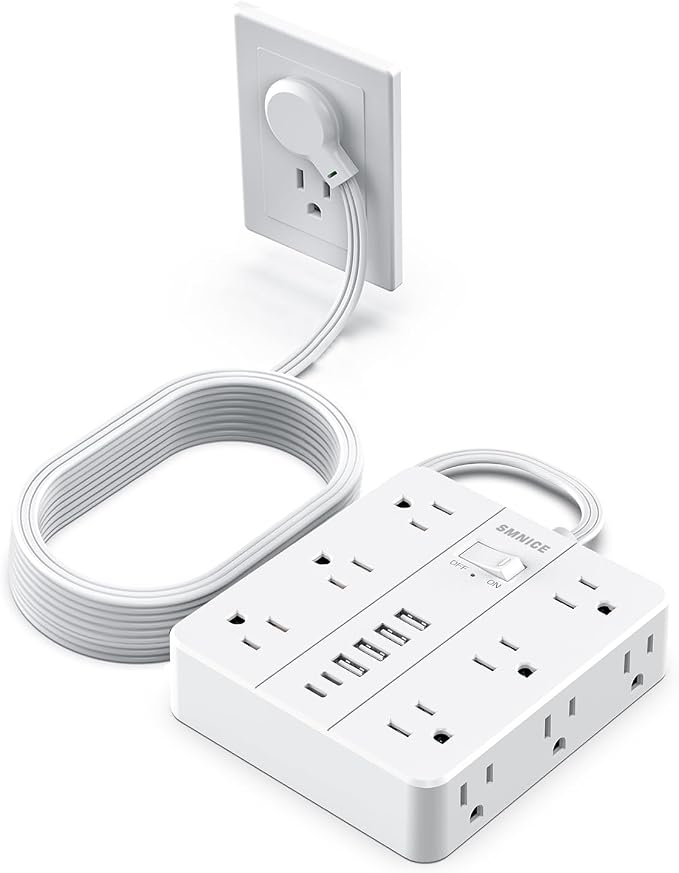 Power Strip 15 Ft Extension Cord, 12 Widely Spaced Outlets 6 USB (2 USB C) Ports, Ultra Thin Flat Plug Power Strip for Home, Office, Dorm Room Essentials