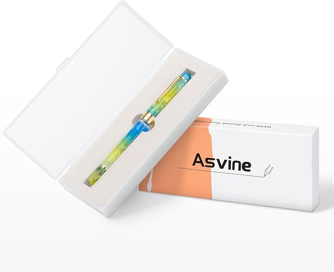 Asvine P20 Gradual Yellow Piston Fountain Pen, Iridium Fine Nib Gold Trim Smooth Writer Collection Resin Pen with Case Set
