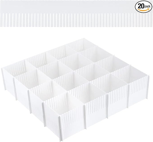 20PCS DIY Plastic Grid Drawer Dividers, Large Adjustable Drawer Storage Organizer (38cmx7cm) for Clutter Kitchen Cutlery Dresser Makeup Tools Socks Can Help Tidy Office Desk Clinic Bedroom