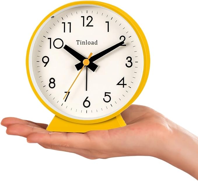 Tinload 4.5" Battery Operated Antique Retro Analog Alarm Clock, Small Silent Bedside Desk Clock,Lighted on Demand, Battery Operated, Snooze, for Living Room, Bedroom, Bedside, Desk(Yellow)