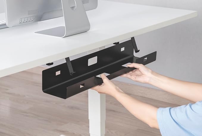 POUT Universal Wide Under Desk Cable Management Tray Organizer - 23.6 x 5.3 inch – for Wire/Cable Management - Hanging Easily Removable Rack with Cable Management Holes – Sturdy Stylish Black Steel