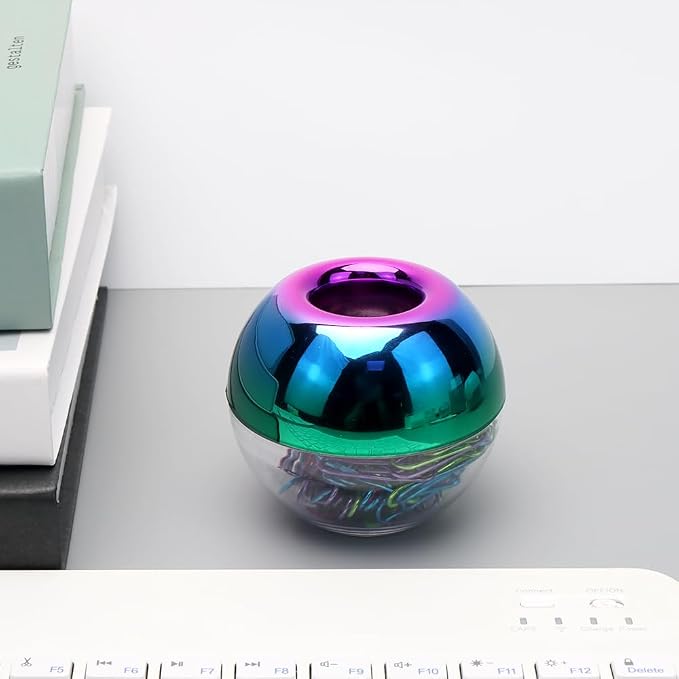 NatSumeBasics Rainbow Paper Clip Holder Iridescent Oil Slick Magnetic Paper Clips Dispenser & 100 Colorful Paperclips Holographic Desk Accessory for Office