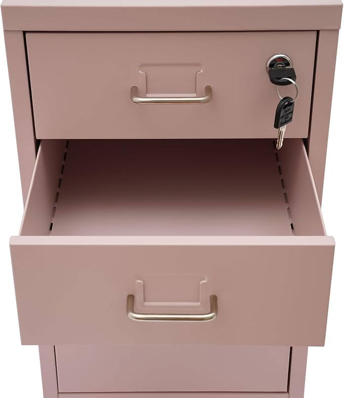 3 Drawer File Cabinet with Lock, Freestanding Filing Metal Drawers Organizer Vertical Metal Rolling Organizer Movable Under Desk Cabinet with Wheels for Home Office Living Room Study (3 Tiers Pink)