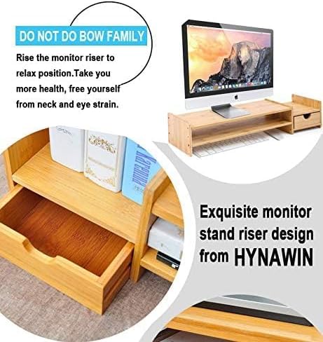 Bamboo 2-Tier Monitor Stand Riser with Drawers, Desktop Organizer for Laptop, Computer, Printer, Cellphone - Reduce Neck & Eye Strain, Office & Home Use