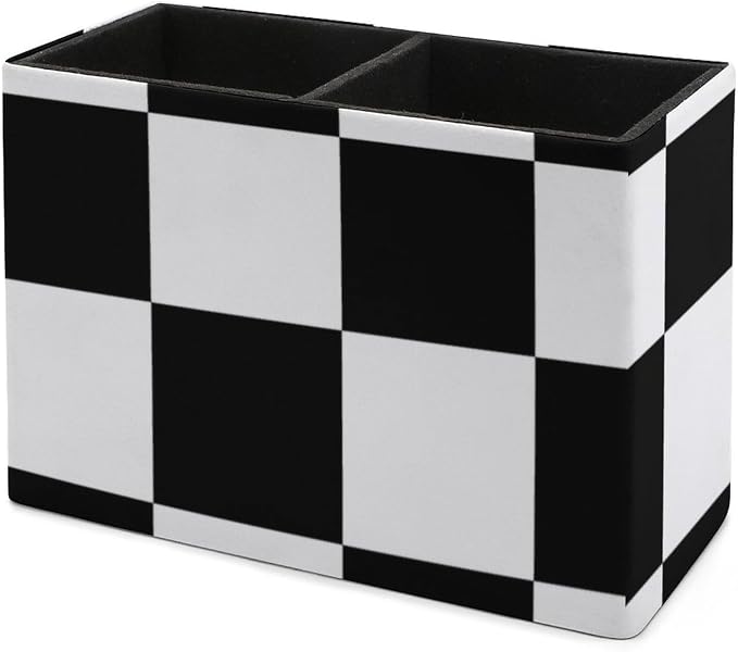 Chess Pattern Black And White Checkered PU Leather Pen Holder Desk Organizer, 2-Compartment Pencil Container for Office, Home, Vanity Use