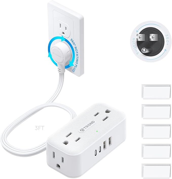 TROND 360° Rotating Flat Plug Short Extension Cord 3FT - Low Profile Power Strip Mountable, 4 AC 4 USB, 900J, 13A/1625W, Compact for Tight Spaces Hard Reach Outlet in Bedroom Home Office Dorm, White
