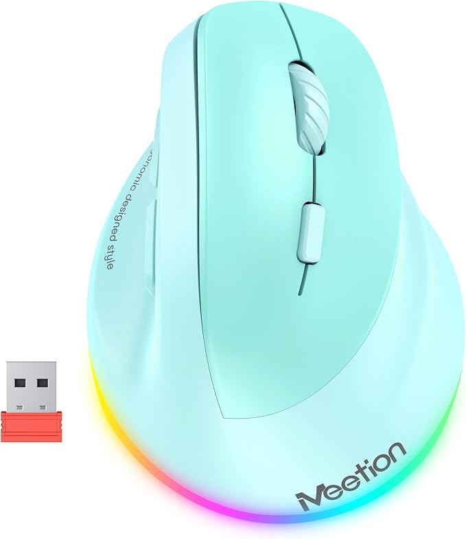 MEETION Ergonomic Mouse, Wireless Vertical Mouse RGB Backlit Rechargeable Mice for Bluetooth(5.2 + 3.0) & USB, 4 Adjustable DPI for Mac/Windows/Andriod/PC/Tablet/iPad GN