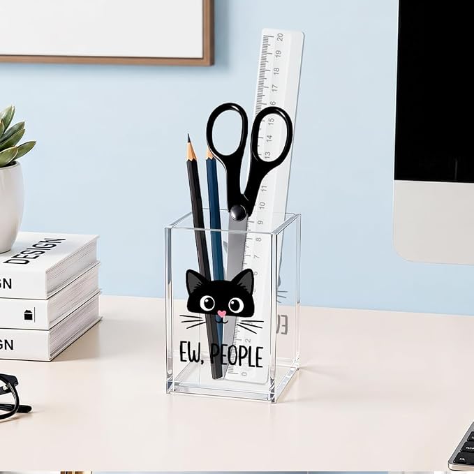 Ew People Acrylic Cosmetic Pencil Pen Holder, Funny Black Cat Pencil Holder for Desk, Desk Accessories for Coworker, Sarcastic Office Gifts for Colleague, Birthday Leaving Gifts Pen Organizer