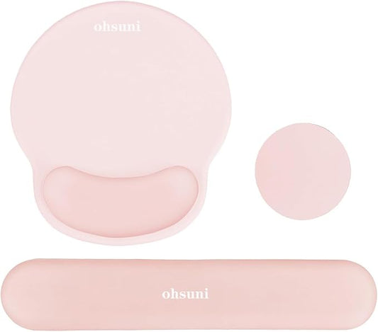 Wrist Rest Support for Mouse Pad&Keyboard Set,3-in-1 Silicone Memory Foam Mouse Pad,Circle Curved Ergonomic Mousepad&Coaster Non-Slip Silicone Base,Suitable for Home/Office use,Chalk Pink
