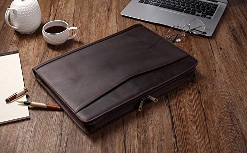 Genuine Leather Business Portfolio Padfolio Folder with Zipper for Men, Men's Leather Padfolio Folder for 13" Laptop, Business Portfolio for Letter Size Notepad, Graduation Gift，Dark Brown