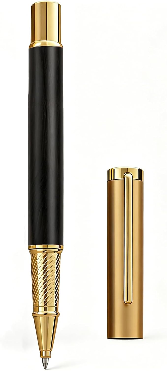 Luxury Rollerball Pen, Natural Black Walnut Wood & Metal Executive Writing Pen, Fine Point Smooth Ink, Professional Business Signature Pen Gift Set with Metal Case for Men Women