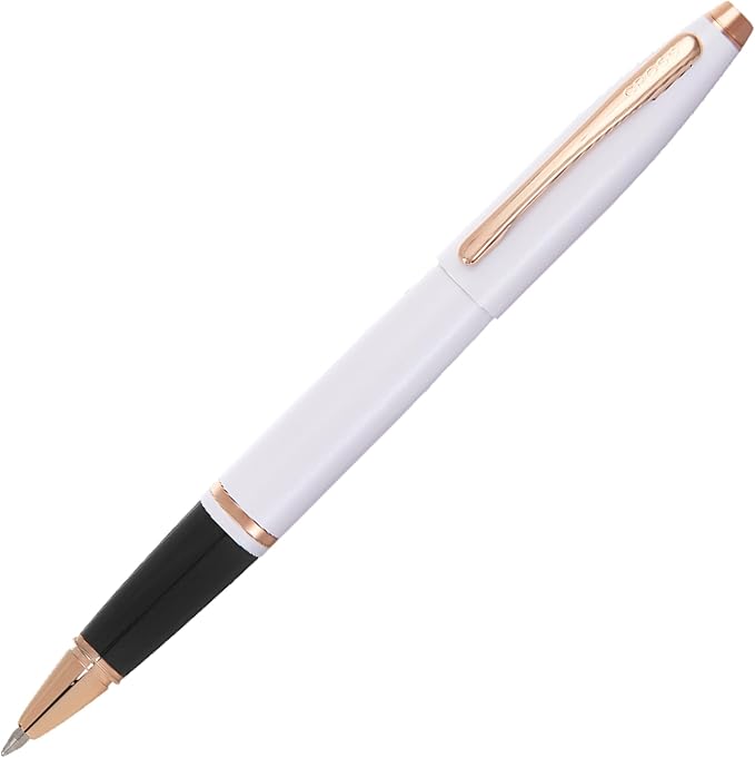 Cross Calais White Lacquer with Rose Gold Appointments Rollerball Pen - High-End Pen for Everyday Use - Professional Desk Essential - Smooth Writing - Durable Construction - Black Ink