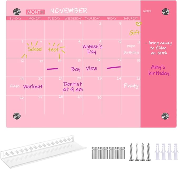 Pink Glass Dry Erase Whiteboard, 18" x 24", Frameless Glass White Board for Home, School, Office