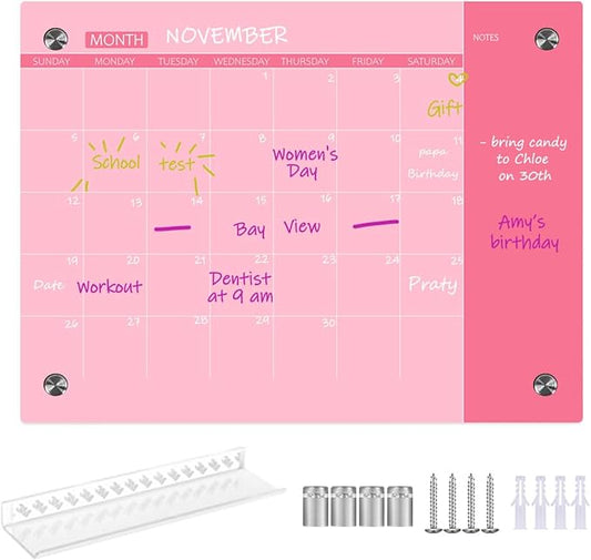Pink Glass Dry Erase Whiteboard, 18" x 24", Frameless Glass White Board for Home, School, Office
