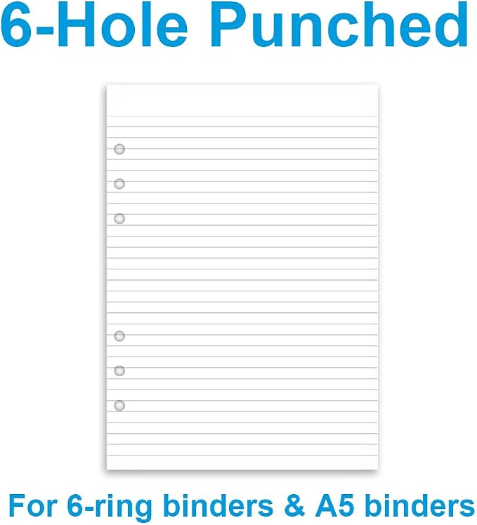 A5 Lined Paper Refills - 6 Hole Punched, 100 Sheets/200 Pages Ruled Paper, Refills for Filofax Planner/A5 Binders/Organizer, 100gsm, 5.8'' x 8.3''