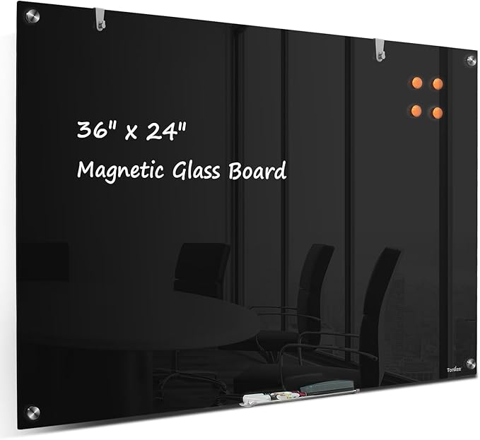 Dry Erase Board Black Magnetic Glass Whiteboard, TANKEE Modern Large Frameless Tempered Glass White Board for Wall, Office, School, Home, 36” x 24”, 3' x 2' White Board
