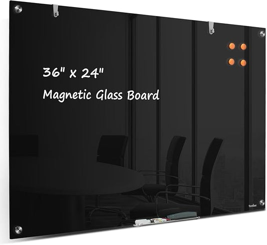 Dry Erase Board Black Magnetic Glass Whiteboard, TANKEE Modern Large Frameless Tempered Glass White Board for Wall, Office, School, Home, 36” x 24”, 3' x 2' White Board