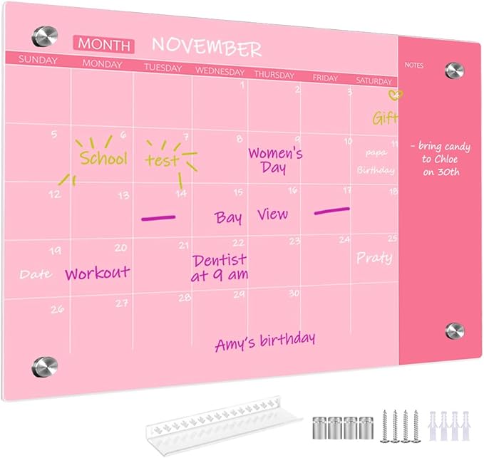 Pink Glass Dry Erase Whiteboard, 18" x 24", Frameless Glass White Board for Home, School, Office