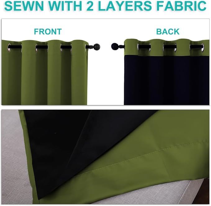 NICETOWN 100% Blackout Curtains 54" Long, Olive Green, 1 Pair, 52" Width Each Panel, Double-Deck Completely Blackout Window Treatment Thermal Insulated Lined Drapes for Small Window