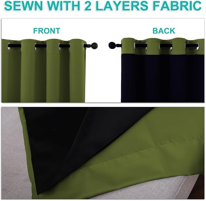 NICETOWN 100% Blackout Short Curtains with Black Liners, 2 Panels, 37" W by 60" L, Olive Green, Solid Thermal Insulated Full Blackout 2-Layer Lined Drapes, Energy Efficiency Window Drapes for Bedroom