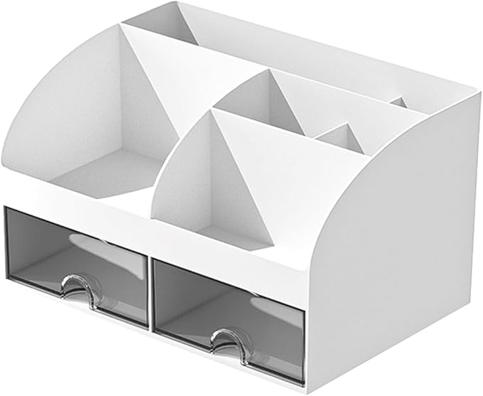 POCREATION Office Desk Organizer Desktop Storage Box Multifunctional Drawers with Transparent Design for Stationery Calculator Sticky Notes (White)