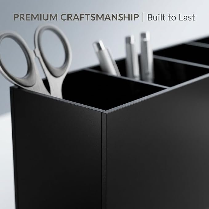 4 Compartment Black Acrylic Pen Holder for Desk, Large Desktop Organizer & Pencil Cup, Makeup Brush Holder for Countertop, Multi-functional Pen Pencil Brushes Holders Caddy (Opaque Black)