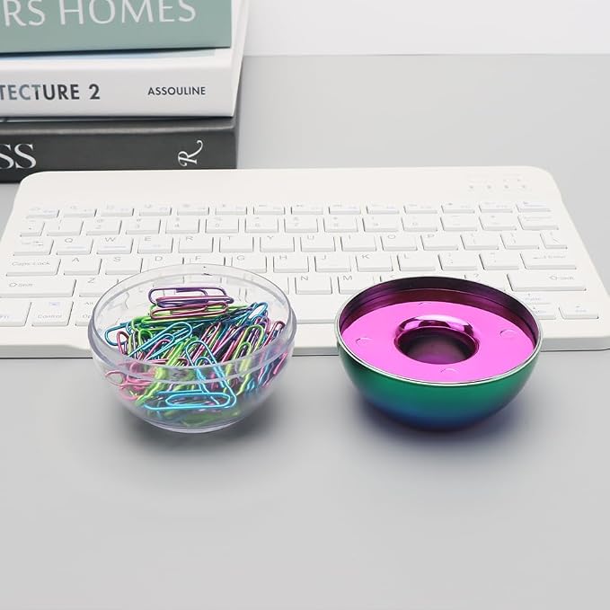 NatSumeBasics Rainbow Paper Clip Holder Iridescent Oil Slick Magnetic Paper Clips Dispenser & 100 Colorful Paperclips Holographic Desk Accessory for Office
