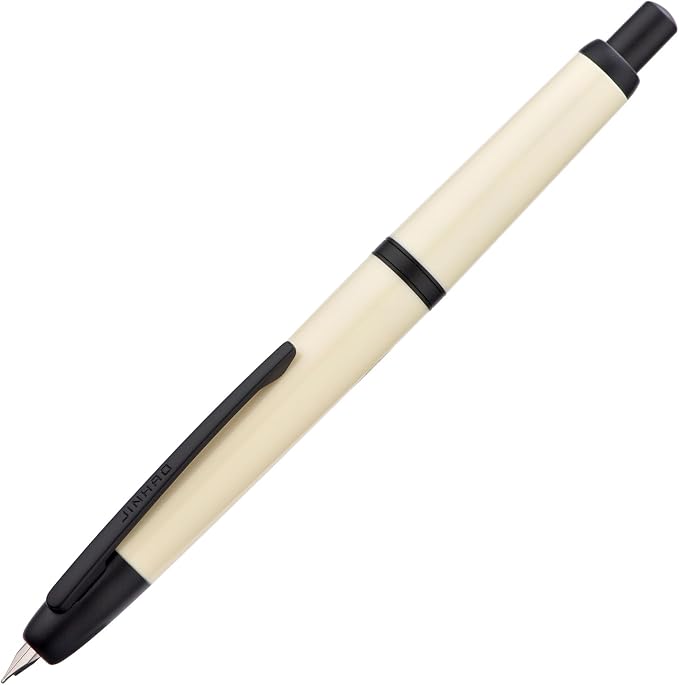Jinhao 20 Press Fountain Pen, Ivory White Retractable Medium Nib with Ink Converter Set (Black Clip)