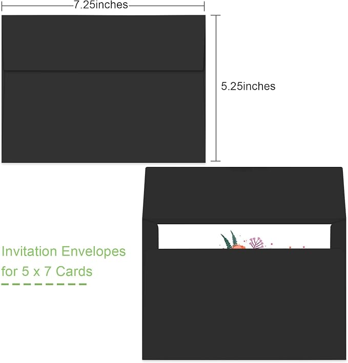 50 Packs 5x7 Envelopes, A7 5x7 Envelopes for Invitations, Printable Invitation Envelopes Self Seal for Weddings, Invitations, Photos, Greeting Cards, Mailing (Black)