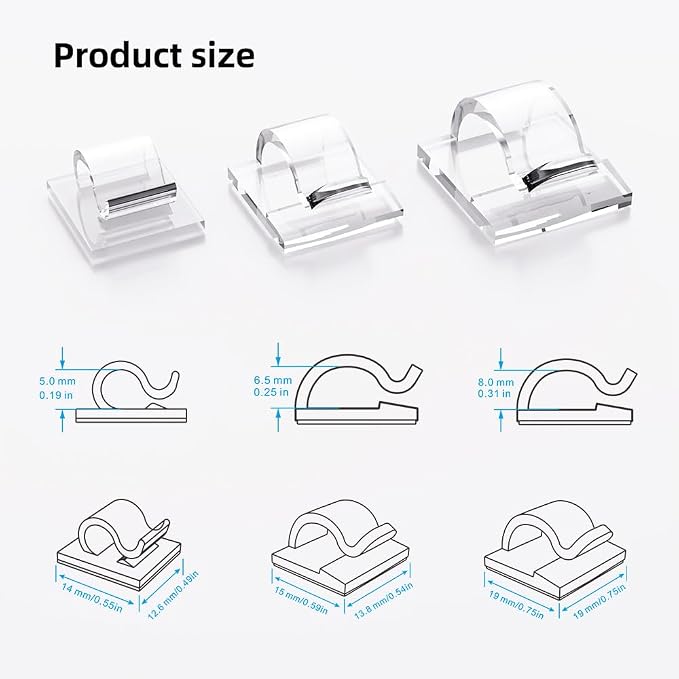 100 PCS Cable Clips Cord Organizer (Small, Medium,Large),Wire Holder for Cable Management, Outdoor Light Clips Light Hooks for LED String,Car Dash Cam, Extension Cord (Clear)