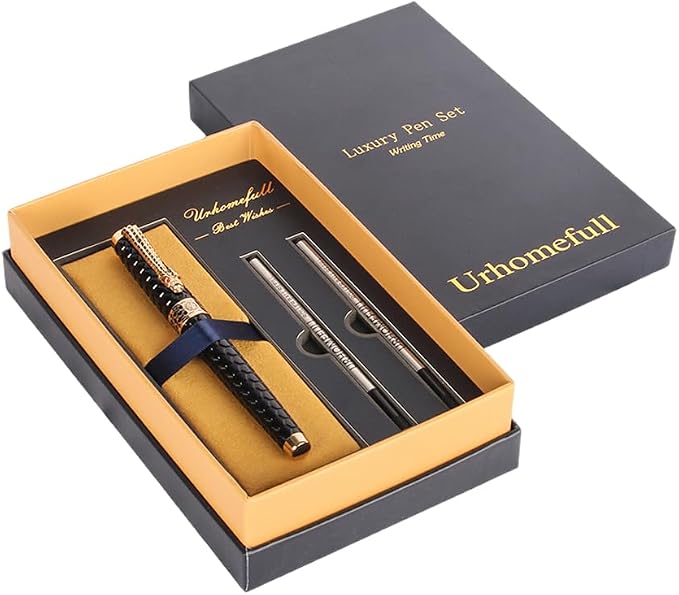 Stunning Luxury Rollerball Pen with 24K Gold Trim,Switzerland Tip with Black Ink Refills, Perfect Roller Ponit Pen Gift Set for Men Women, Fancy Writing Set for Business,Black