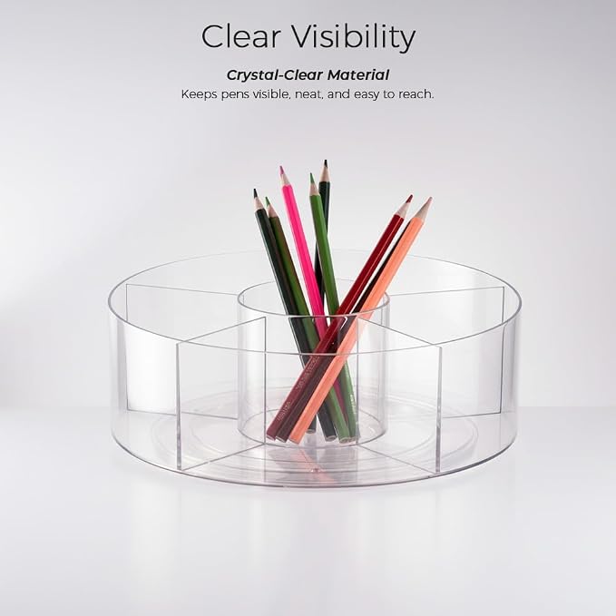 360° Rotating Pen Organizer, Large Clear Acrylic Marker Holder with 6 Compartments, 10" Lazy Susan Pencil Holder for 295 Markers, Colored Pencils, Crayons, Makeup Brushes & Desk Supplies