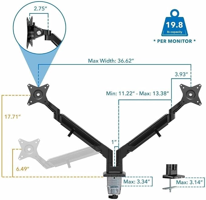 Mount-It Dual Monitor Arm Desk Mount, Low Profile Gas Spring, 17-32 in. | Fits Walls, Space Saving Steel, 19.8 lbs Each, Full Motion Height Adjustable, VESA 75x75/100x100, C-Clamp/Grommet, Black